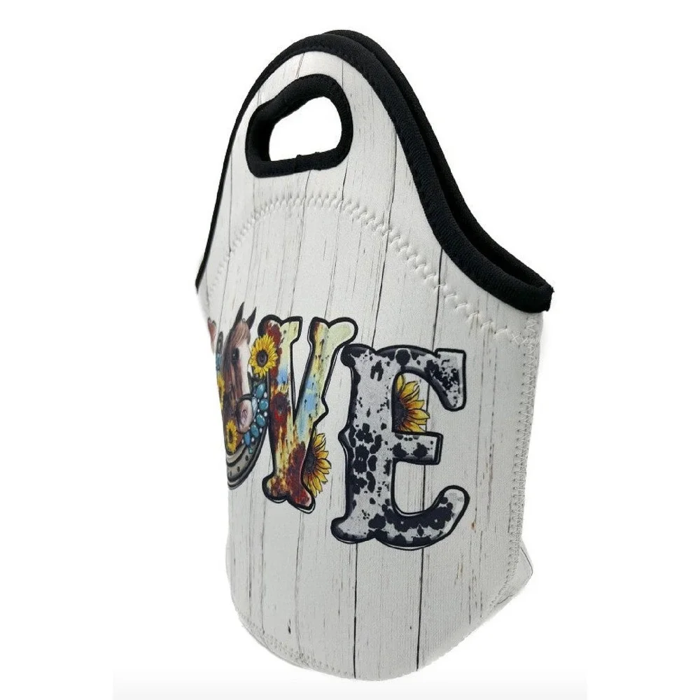 Love Farm Animal Insulated Lunch Bag Neoprene Horse Sunflower Cow Print New‎
